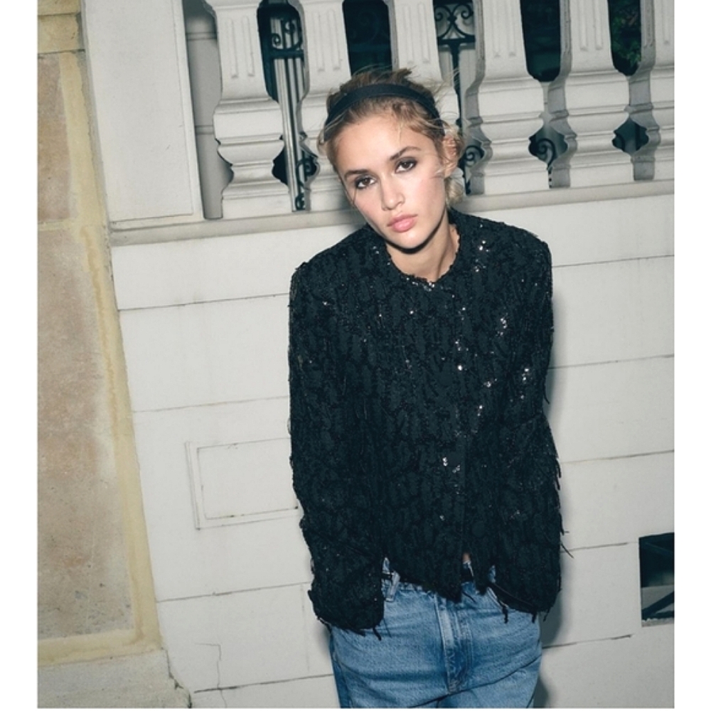 Zara fringe sequin blazer jacket Black Size XS - Picture 2 of 11